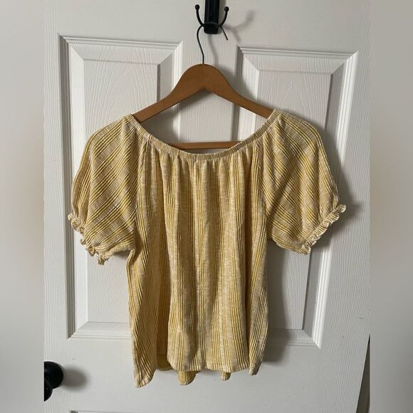 Anthropologie W5 Boho Yellow /white Top With Puffed Peasant Short Sleeves Sz L - Picture 3 of 4